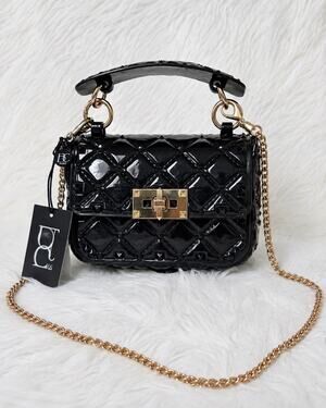 BC Bags NWT Black Quilted Patent Mini Crossbody Bag Gold Chain Studded 2604